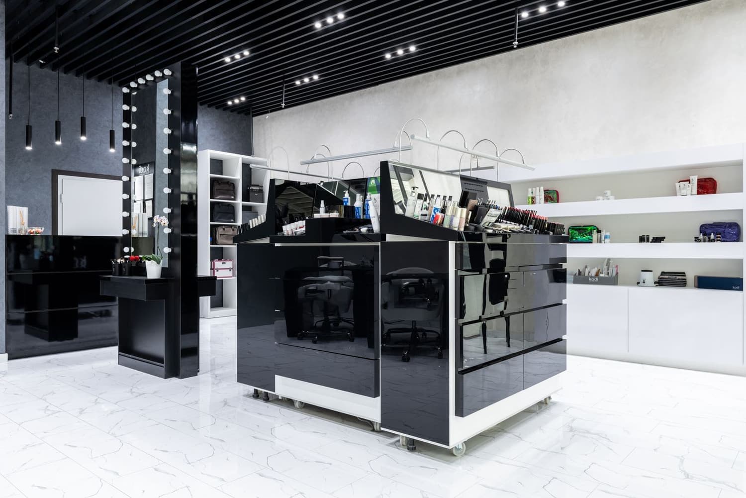 A retail store interior with sleek display cabinets and shelving units