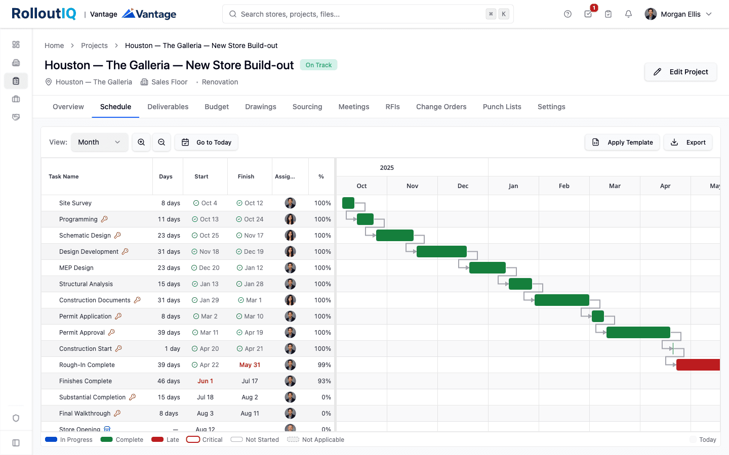 RolloutIQ project schedule Gantt with tasks, dependencies, and critical path