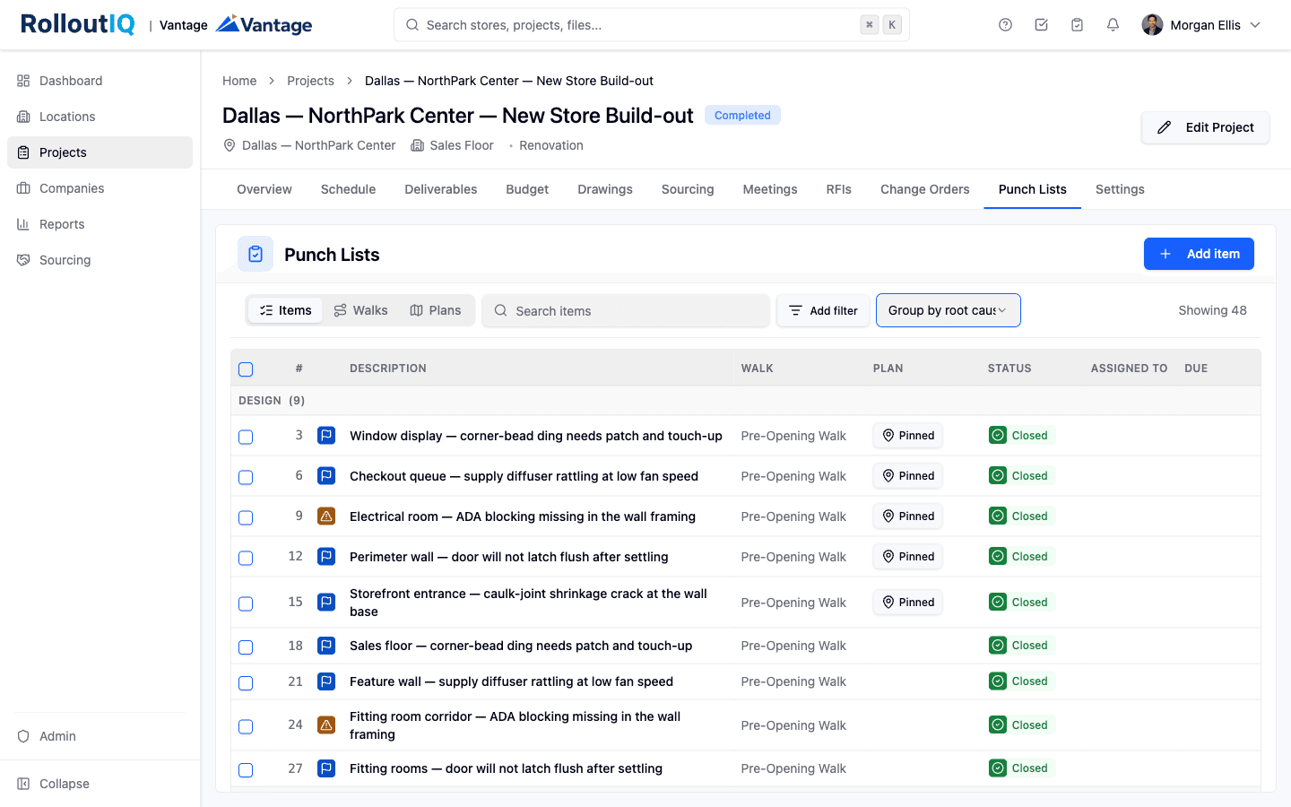 A RolloutIQ punch list of 48 items grouped by root cause, with a design-caused group of nine items from a pre-opening walk