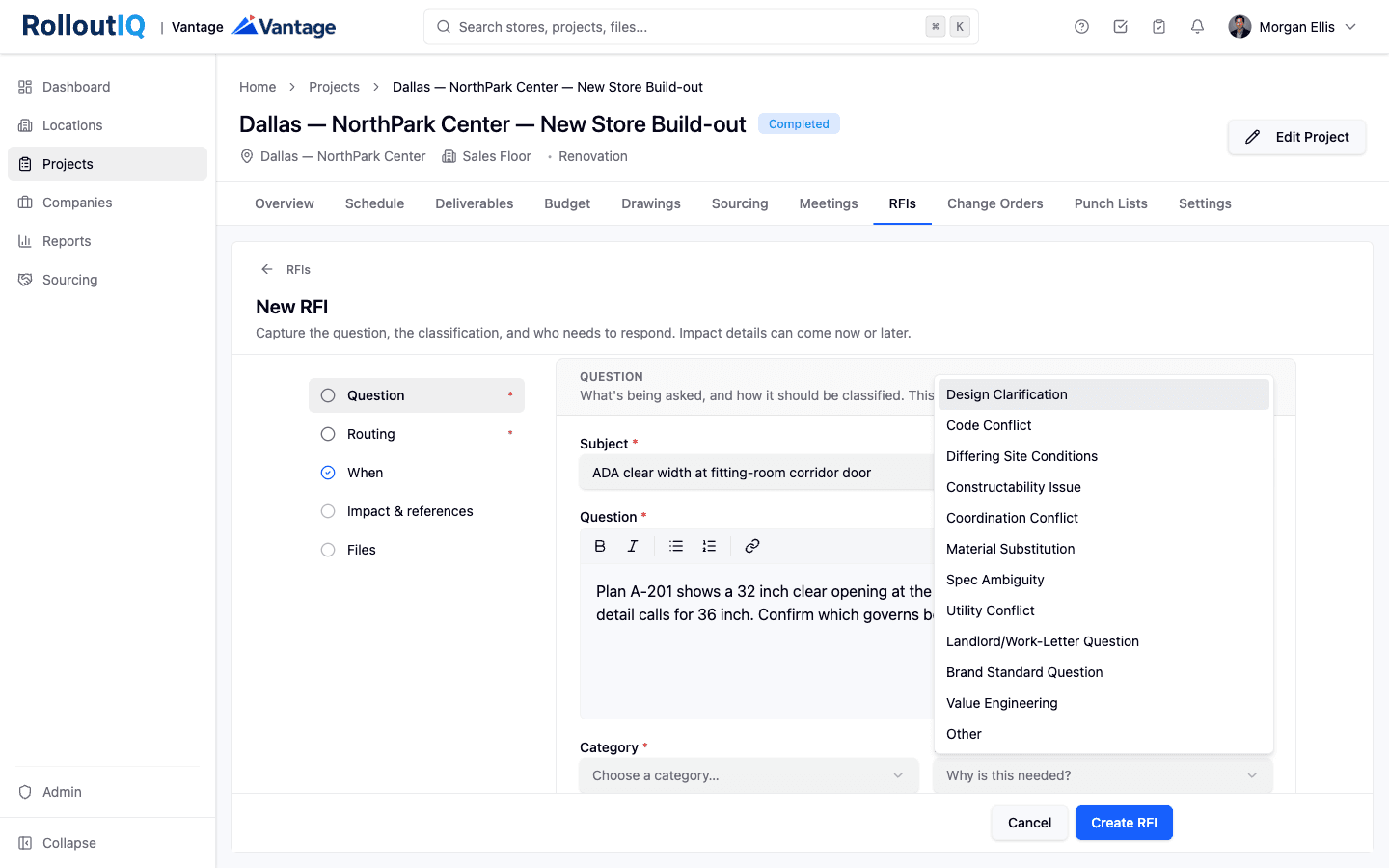 The New RFI form in RolloutIQ with the Reason dropdown open, showing options including design clarification, code conflict, differing site conditions, and coordination conflict