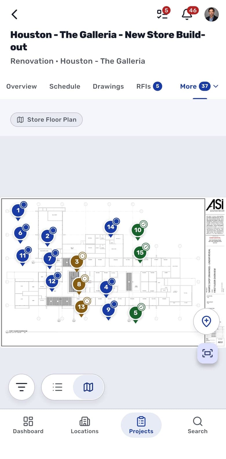 Punch items pinned on a store floor plan in the RolloutIQ iPhone app, each numbered and colored by status