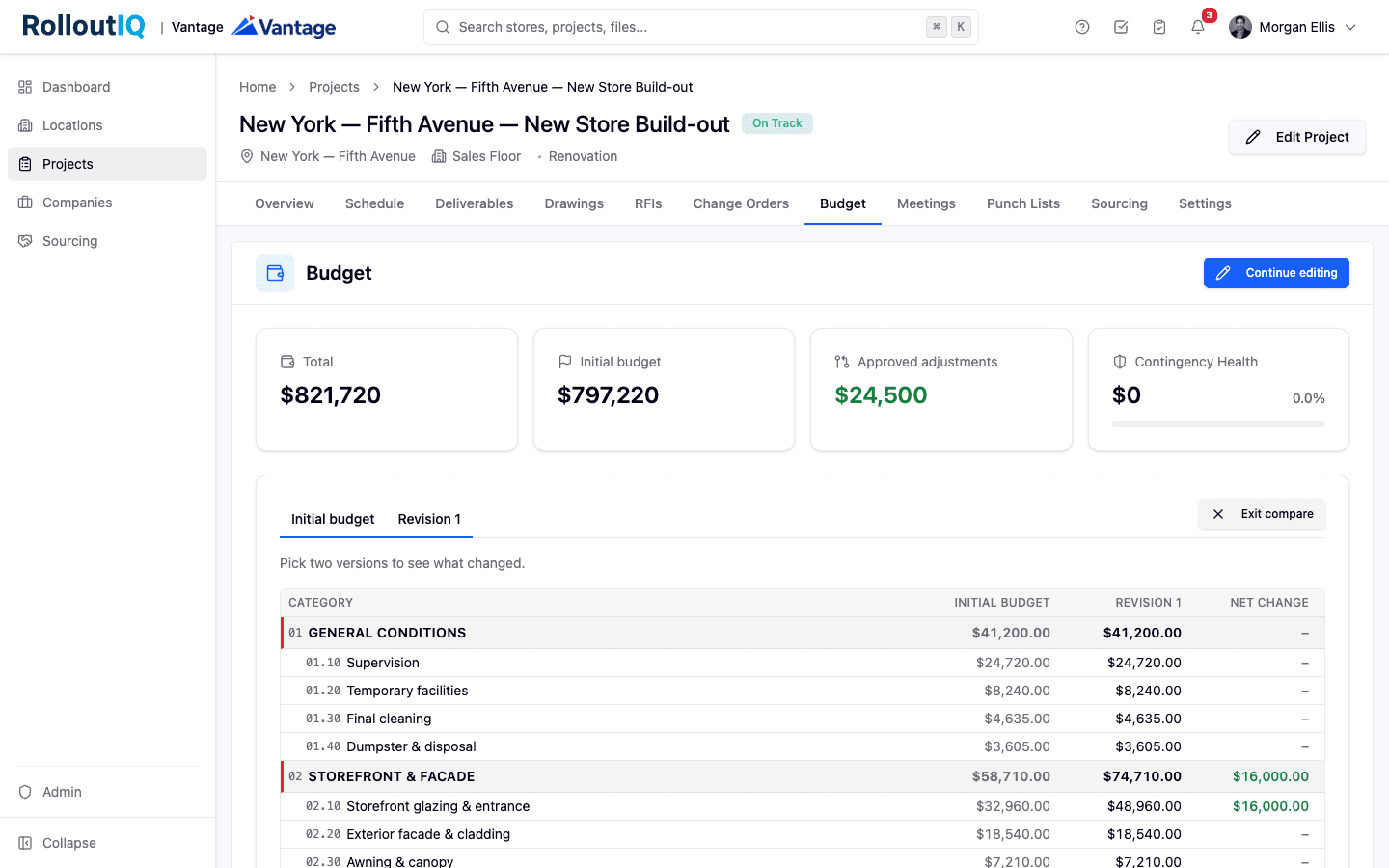 Version picker comparing two frozen budget baselines line by line, each stamped with who approved it and when