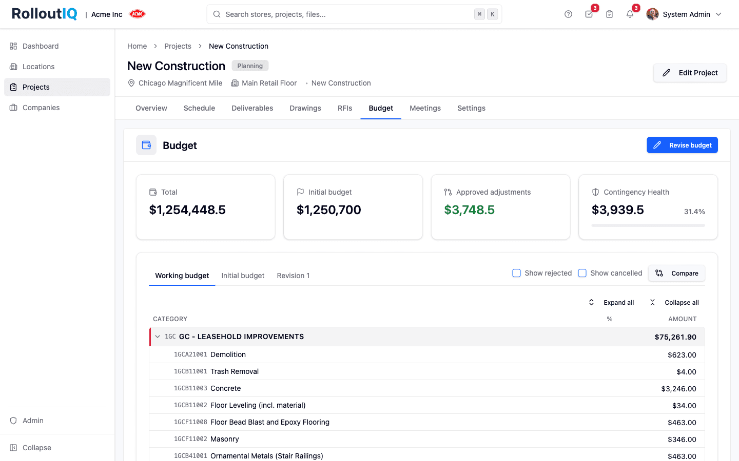 Project budget with total, initial budget, approved adjustments, and contingency health over a cost-category breakdown