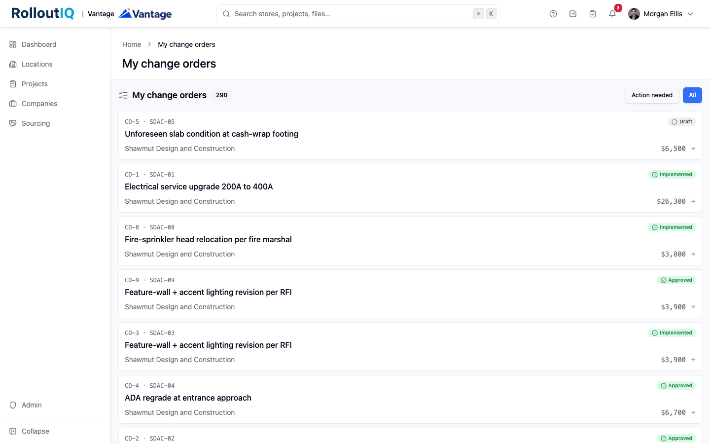 Cross-project change-order inbox listing changes from every project with dual numbering, vendor, status, and amount, filtered by action needed or all
