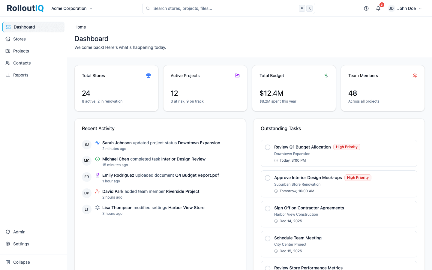 RolloutIQ Dashboard — real-time project visibility