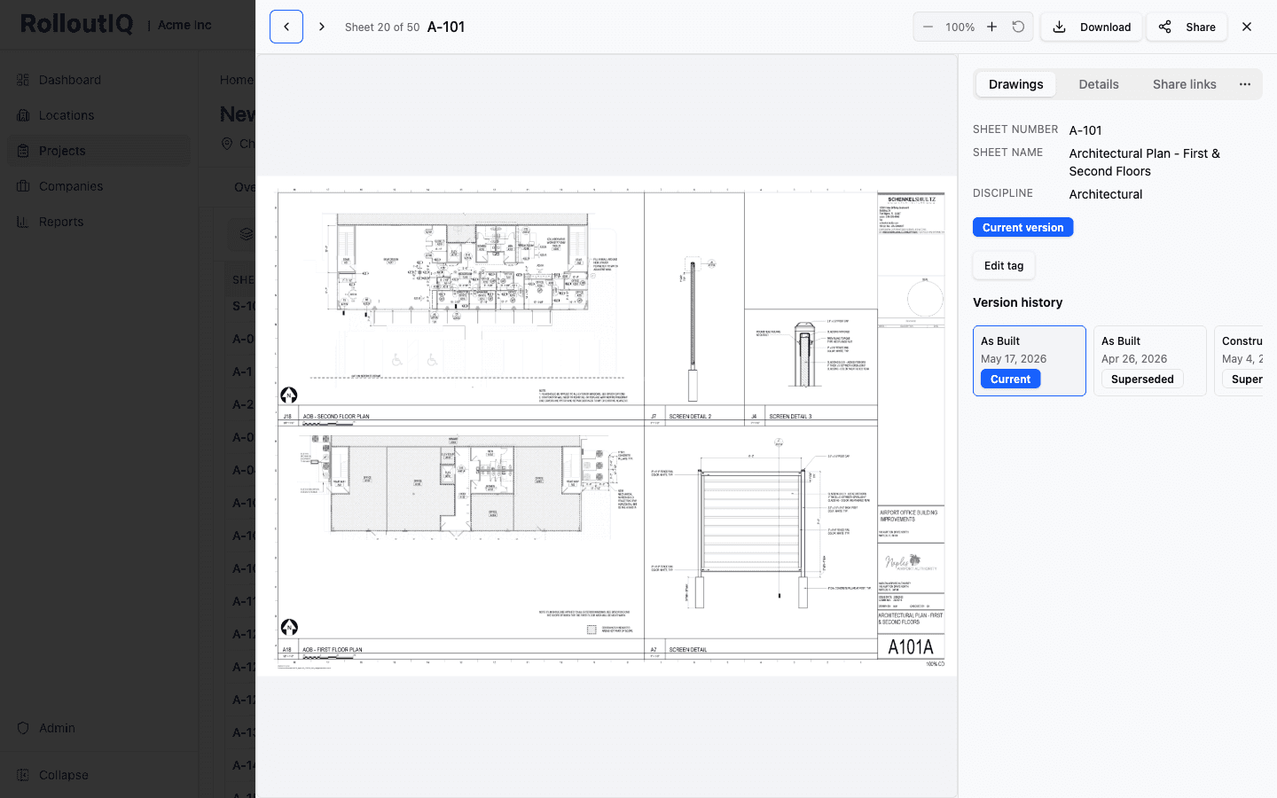 A-101 sheet detail with PDF preview and version history showing current, superseded, and prior issuances