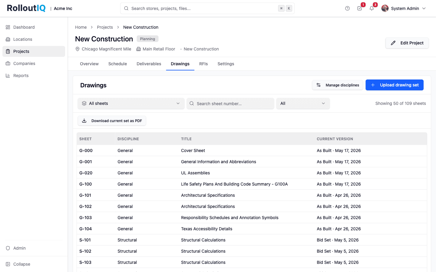Drawings tab with 109 sheets in NCS order, version metadata, and one-click compile