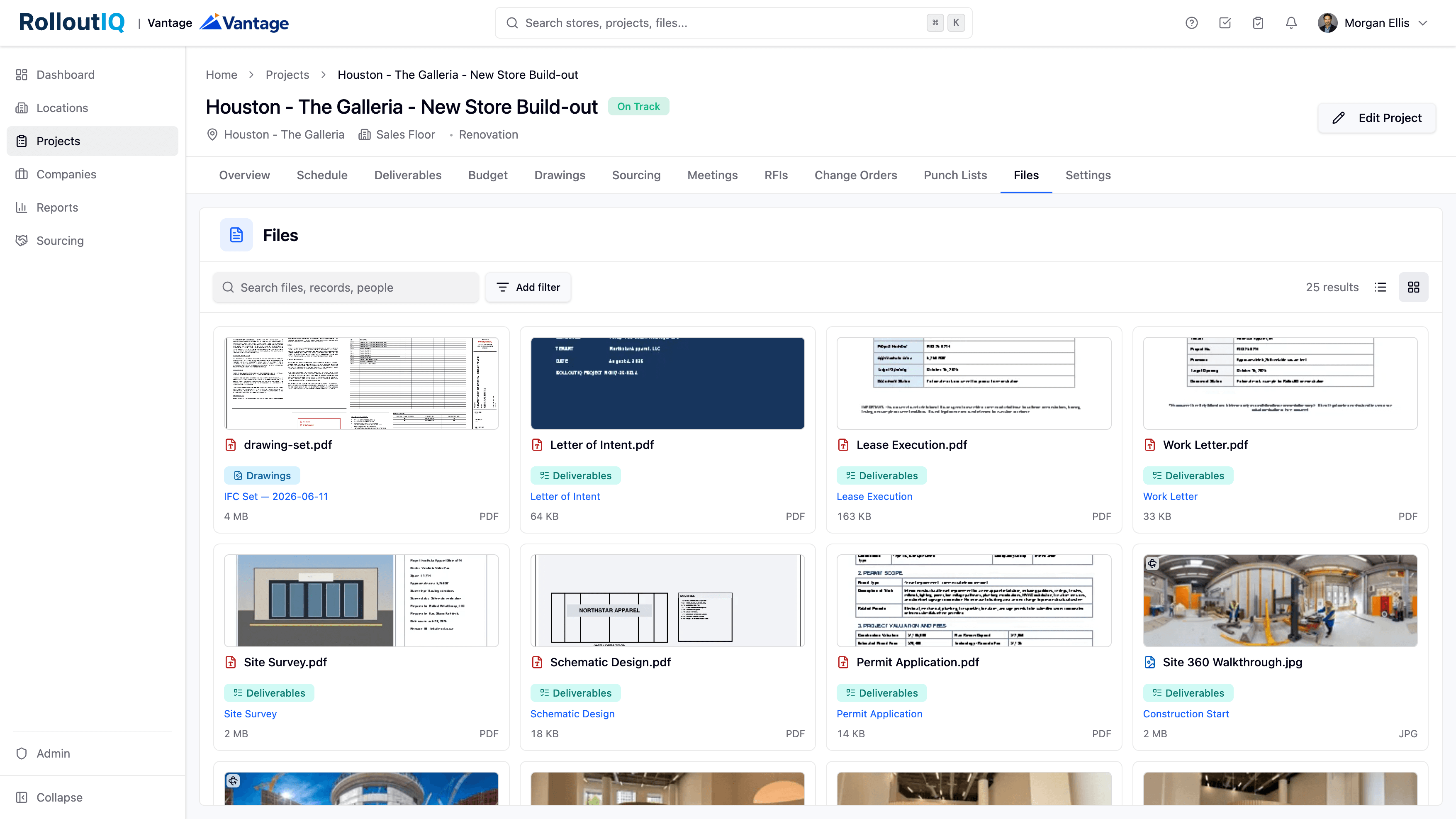 A grid gallery of file thumbnails showing a drawing set, a lease, a permit form, and a floor plan, plus a Site 360 Walkthrough photo carrying a 360 badge