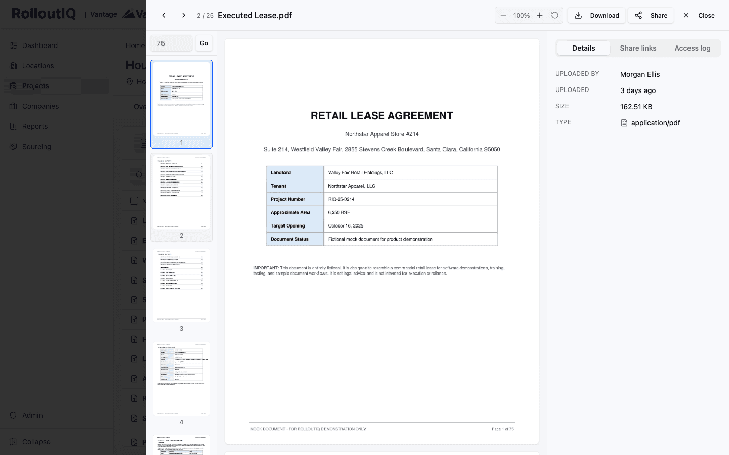 The in-app preview drawer for a multi-page PDF, with a page rail and jump-to-page, zoom, Download and Share, tabs for Details, Share links, and Access log, and file metadata