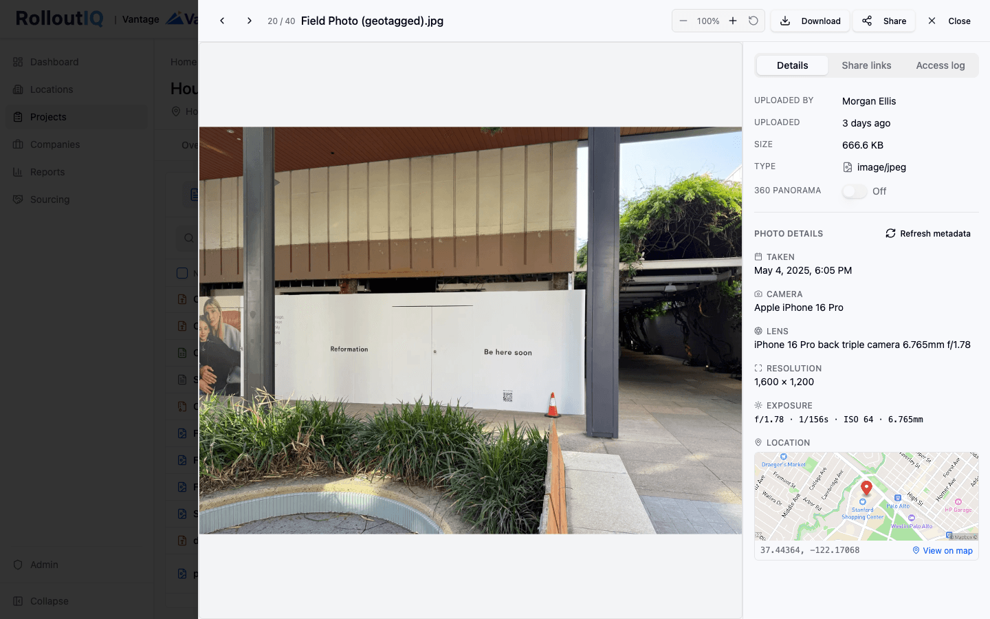 A geotagged field photo open in the preview drawer, with a Photo details panel reading the capture date, camera (Apple iPhone 16 Pro), lens, resolution, and exposure, plus a location map with a pin and GPS coordinates