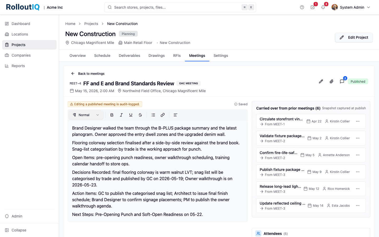 Published FF and E and Brand Standards Review meeting with audit-logged notes editor, decisions recorded, and a carryover section listing open items from prior meetings