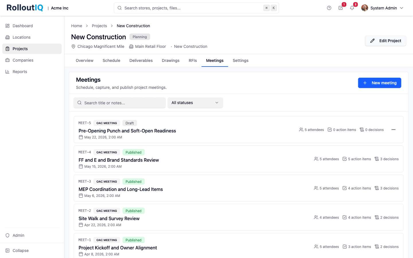 Project meetings list showing five OAC meetings from Kickoff through Pre-Opening, with per-project MEET numbering, draft and published statuses, and attendee, action item, and decision counts