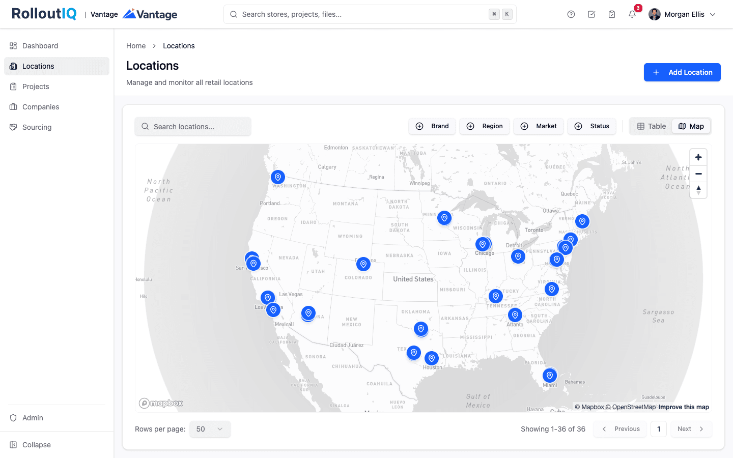 RolloutIQ™ portfolio map of store locations across regions