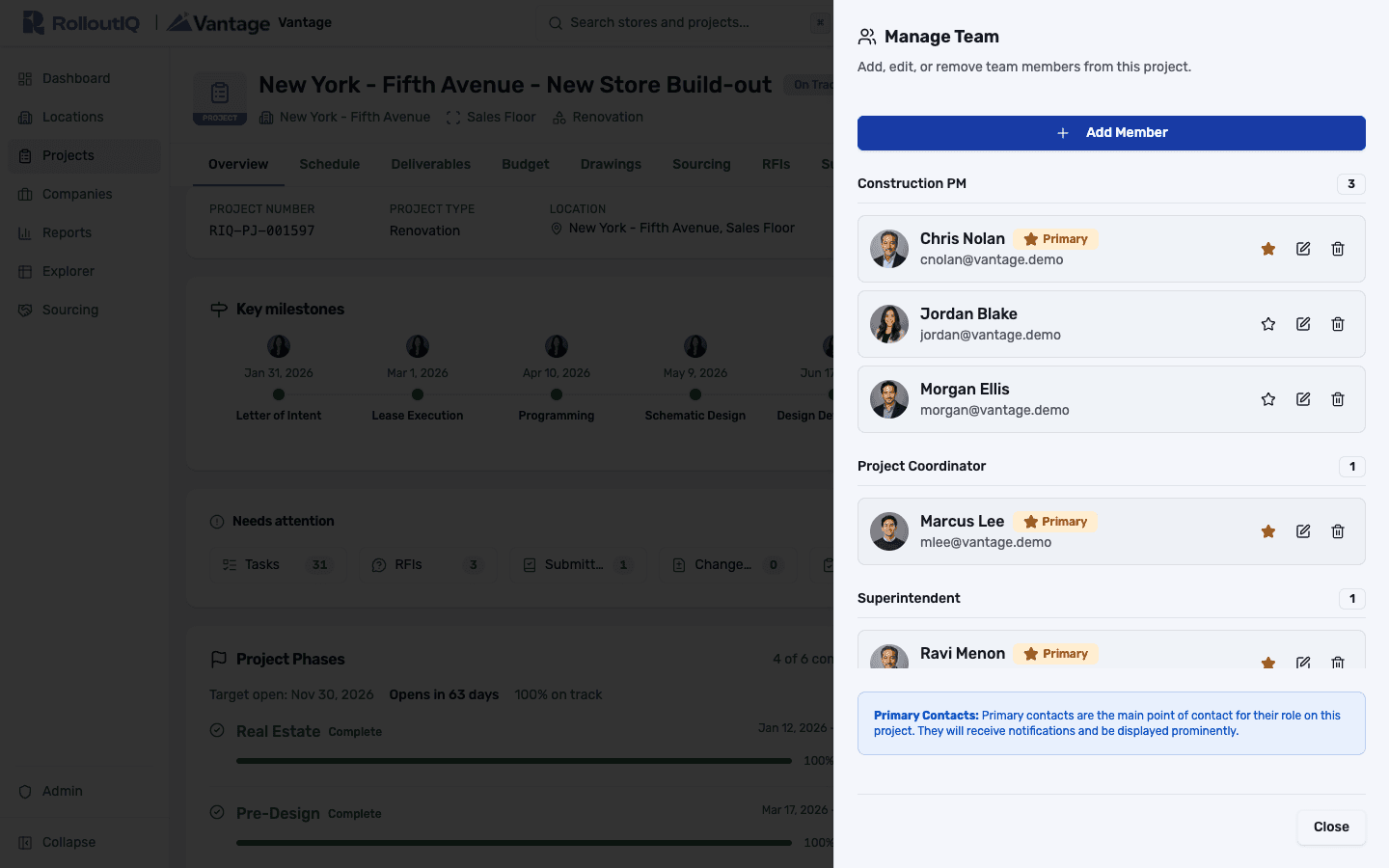 The Manage Team panel on a project, grouping people under the Construction PM, Project Coordinator, and Superintendent roles, with an Add Member button