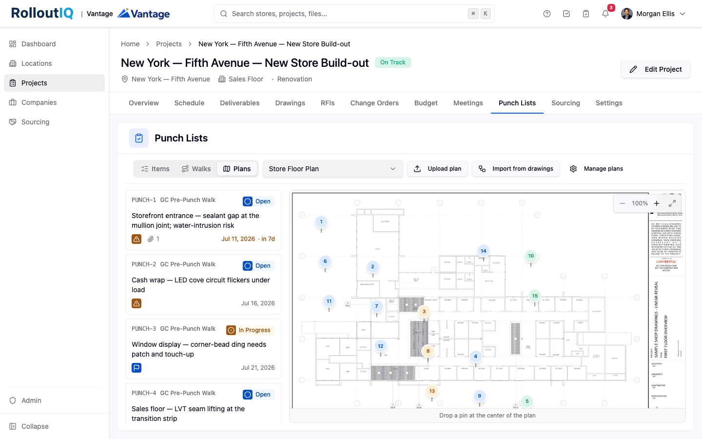 RolloutIQ™ punch list floor plan with pinned items across a store layout