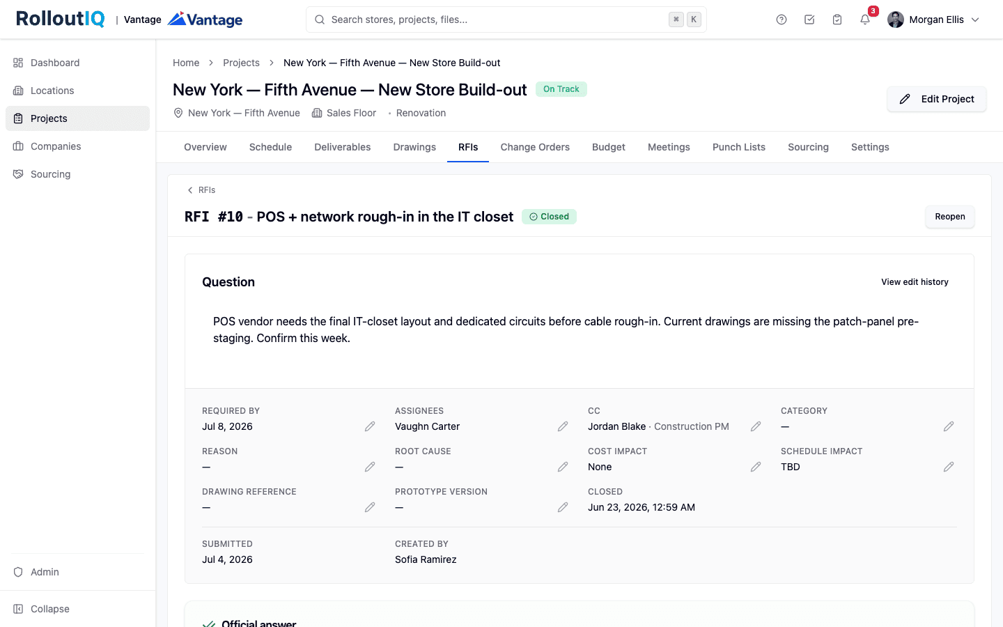 A single RFI with its question and attachments, threaded comments, the badged official answer, and an audit log of assignments and status changes