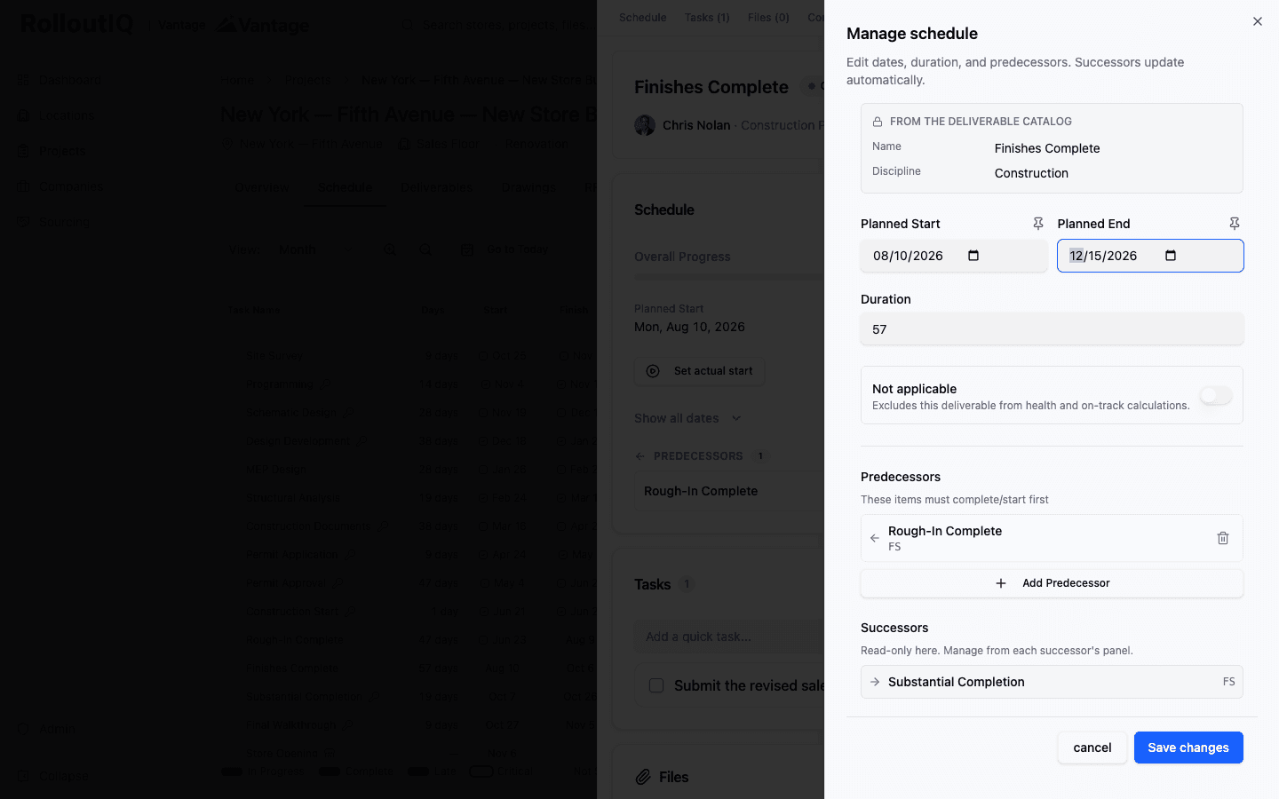 Schedule item editor showing planned start and end, duration, and its predecessors and successors, with a note that successors update automatically