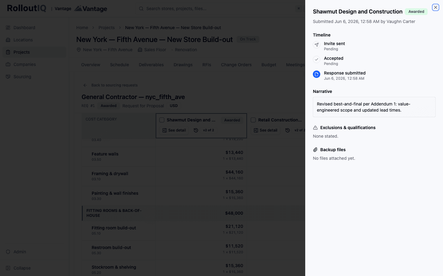 A vendor's bid submission with its timeline, narrative, listed exclusions, and awarded status