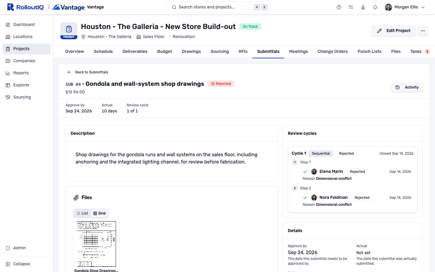 A submittal detail page showing a sequential two-step review cycle with each reviewer's decision and rejection reason, the attached shop-drawing file, and the approve-by date