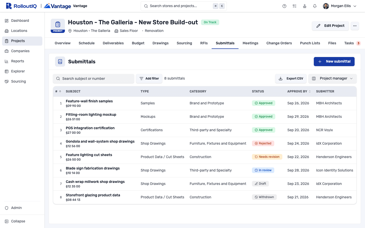 The Submittals tab inside a project, listing packages by type, category, status, and approve-by date, with their vendor submitters