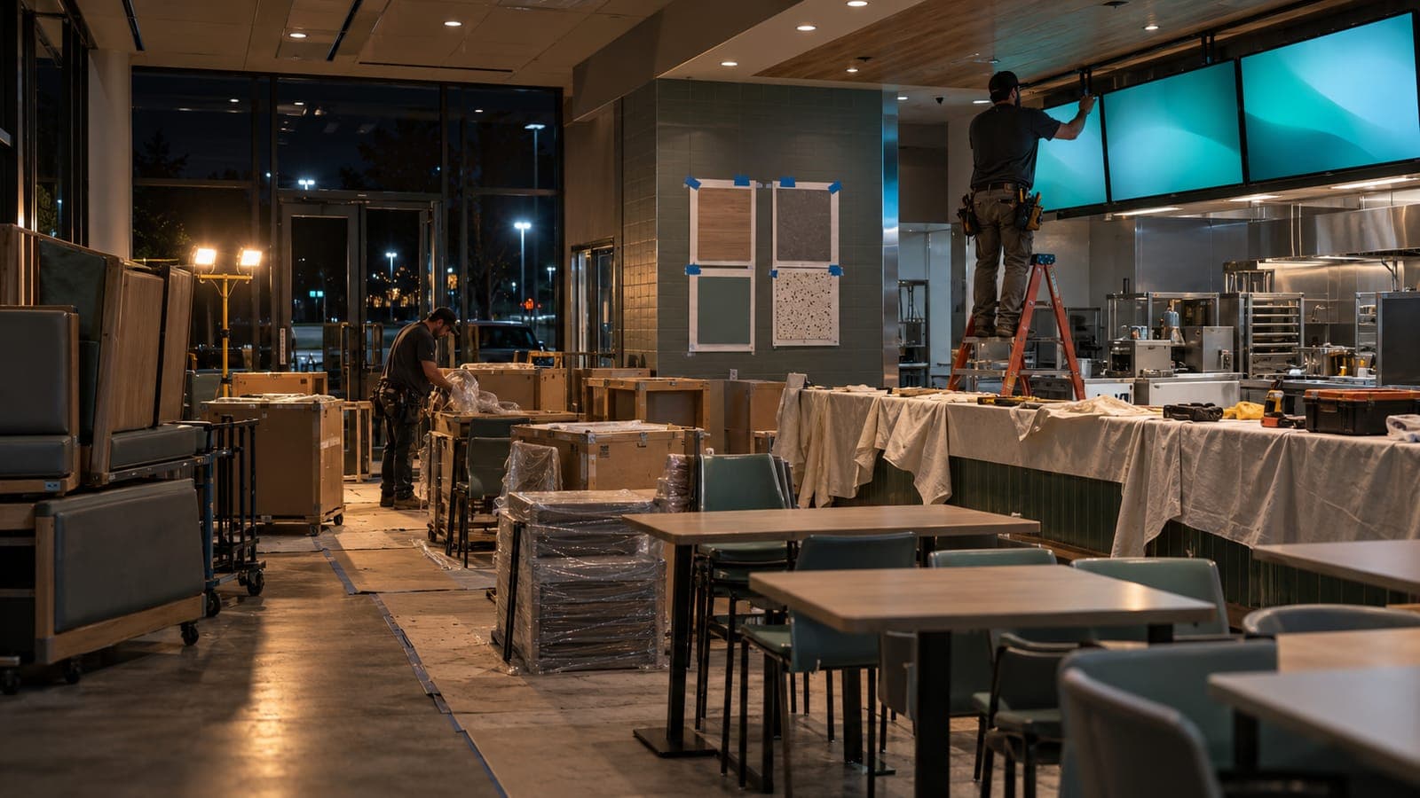 A franchised restaurant dining room being refit overnight to a new brand standard, with new menu screens going up and finish samples taped to the wall