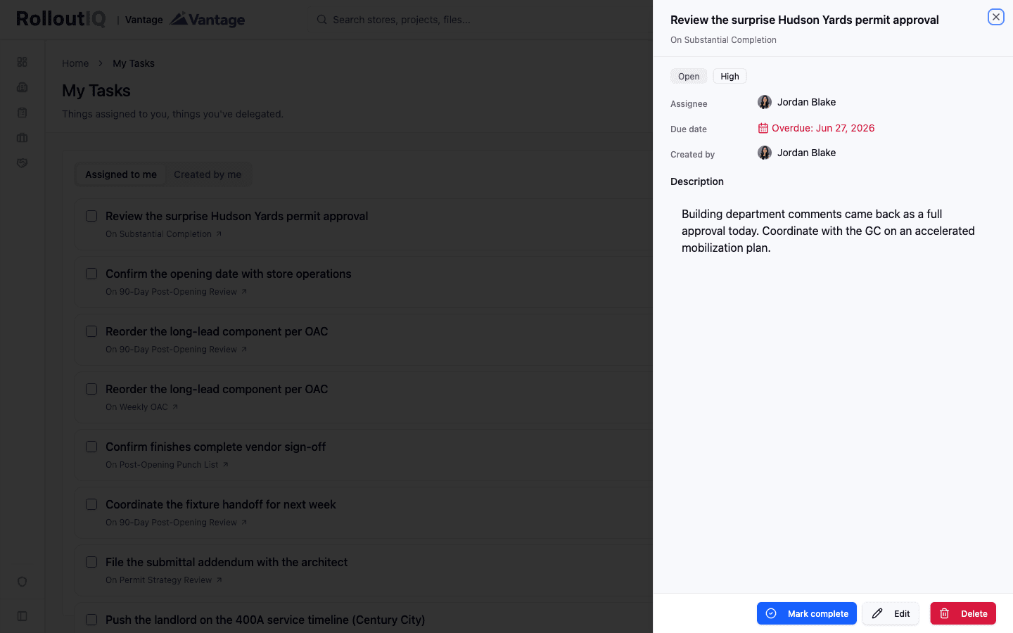 RolloutIQ action item detail showing the item hanging off a Substantial Completion record with assignee, due date, and description