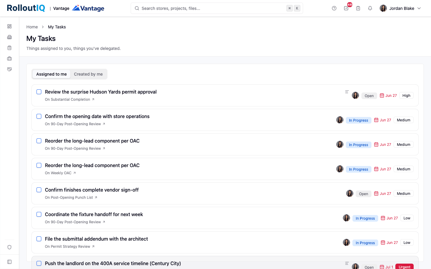 RolloutIQ action items inbox aggregating commitments across projects, each hanging off the work that generated it