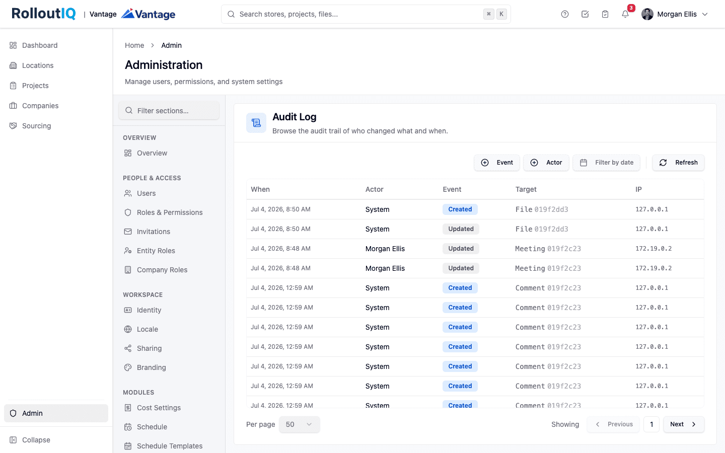The admin audit log in RolloutIQ showing an append-only trail with timestamp, actor, event, target, and IP for every action.