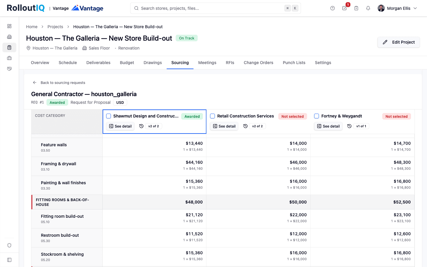 RolloutIQ bid leveling matrix comparing vendor bids side by side across cost categories