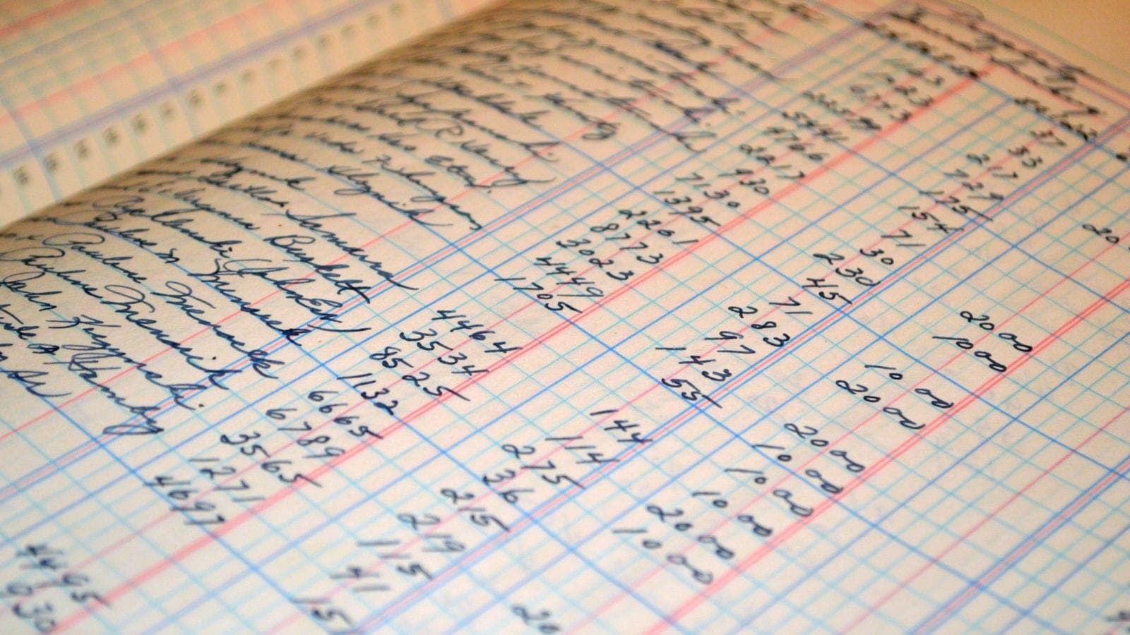 A handwritten accounting ledger with rows and columns of financial figures and account entries