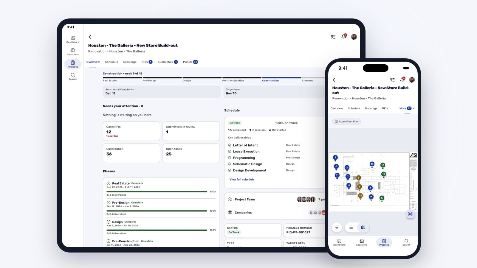 The RolloutIQ app on an iPad showing a store build-out's project Overview, beside an iPhone showing numbered punch items pinned on the store floor plan