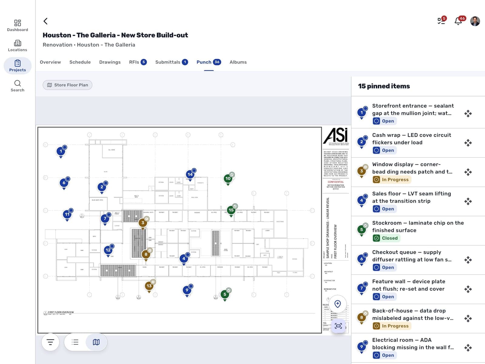 The RolloutIQ app on iPad in landscape: a store floor plan with 15 numbered punch pins in status colors, beside a panel listing each pinned item with its description and status