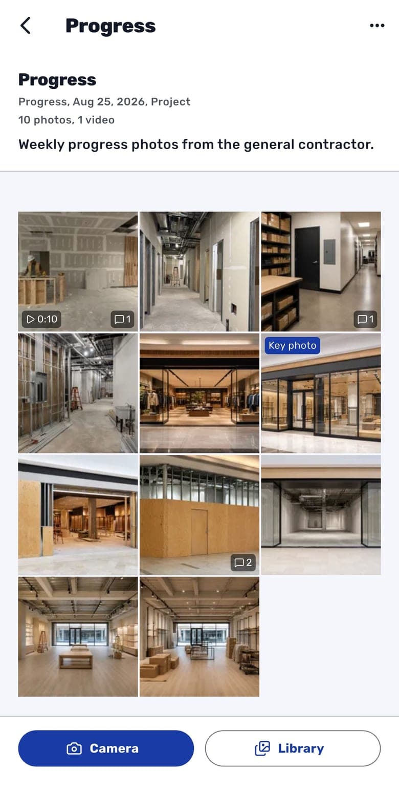 A Progress album in the RolloutIQ iPhone app: a grid of store build-out photos and a 10-second video, the key photo badge, comment counts, and Camera and Library buttons