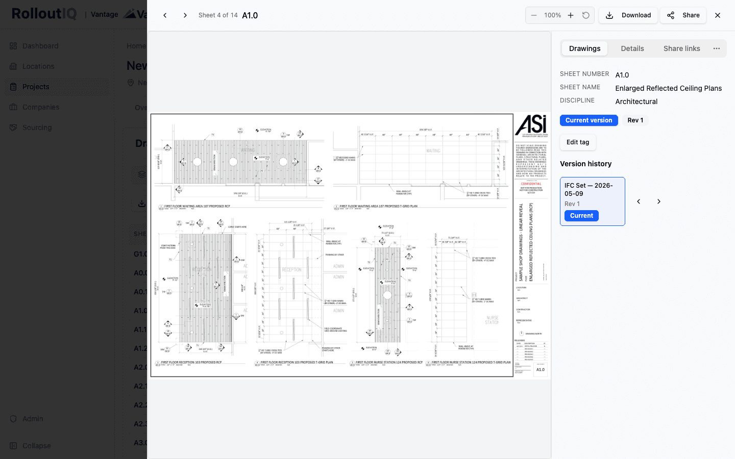 RolloutIQ sheet version history showing the revisions of a drawing over time