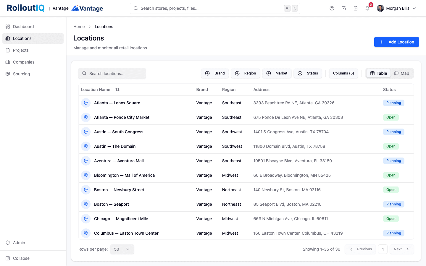 The Locations workspace in RolloutIQ listing every store with its brand, region, address, and lifecycle status.