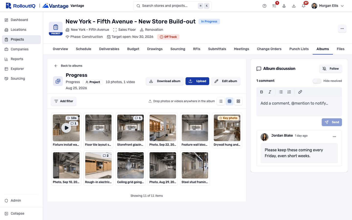 A Progress album on a New York Fifth Avenue store build-out in RolloutIQ, showing photo tiles sorted by the date taken, a walkthrough video with a play button, a Key photo badge, comment counts on several tiles, and the Album discussion panel with a request to keep photos coming every Friday