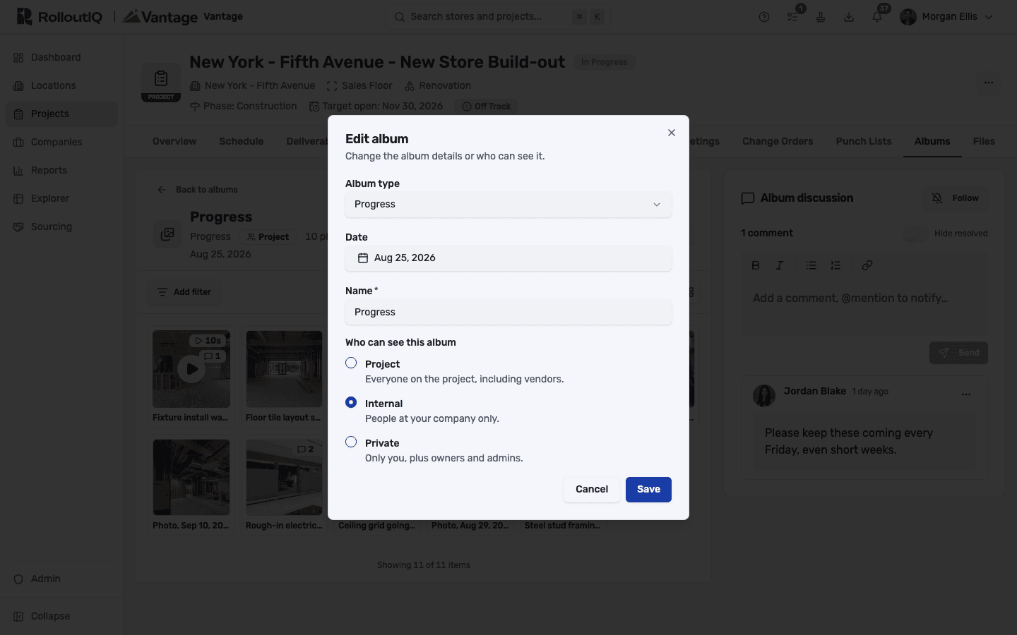 The Edit album dialog in RolloutIQ with the Who can see this album options Project, Internal and Private, and Internal selected, described as people at your company only