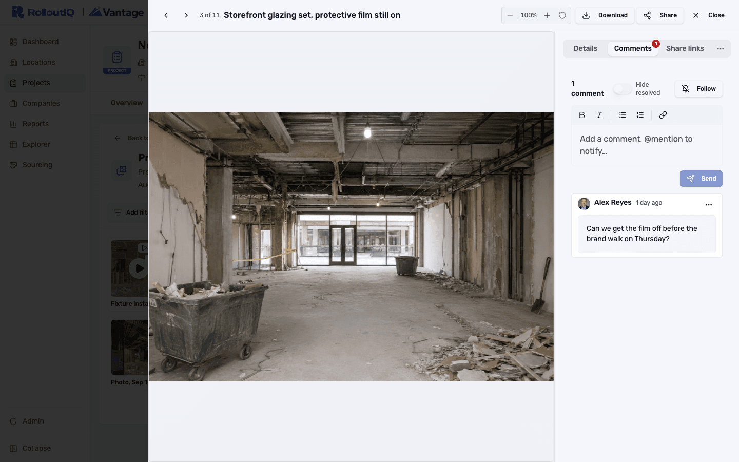 The RolloutIQ photo viewer open on a progress photo titled Storefront glazing set, protective film still on, with the Comments tab showing a question asking for the film to come off before the brand walk on Thursday