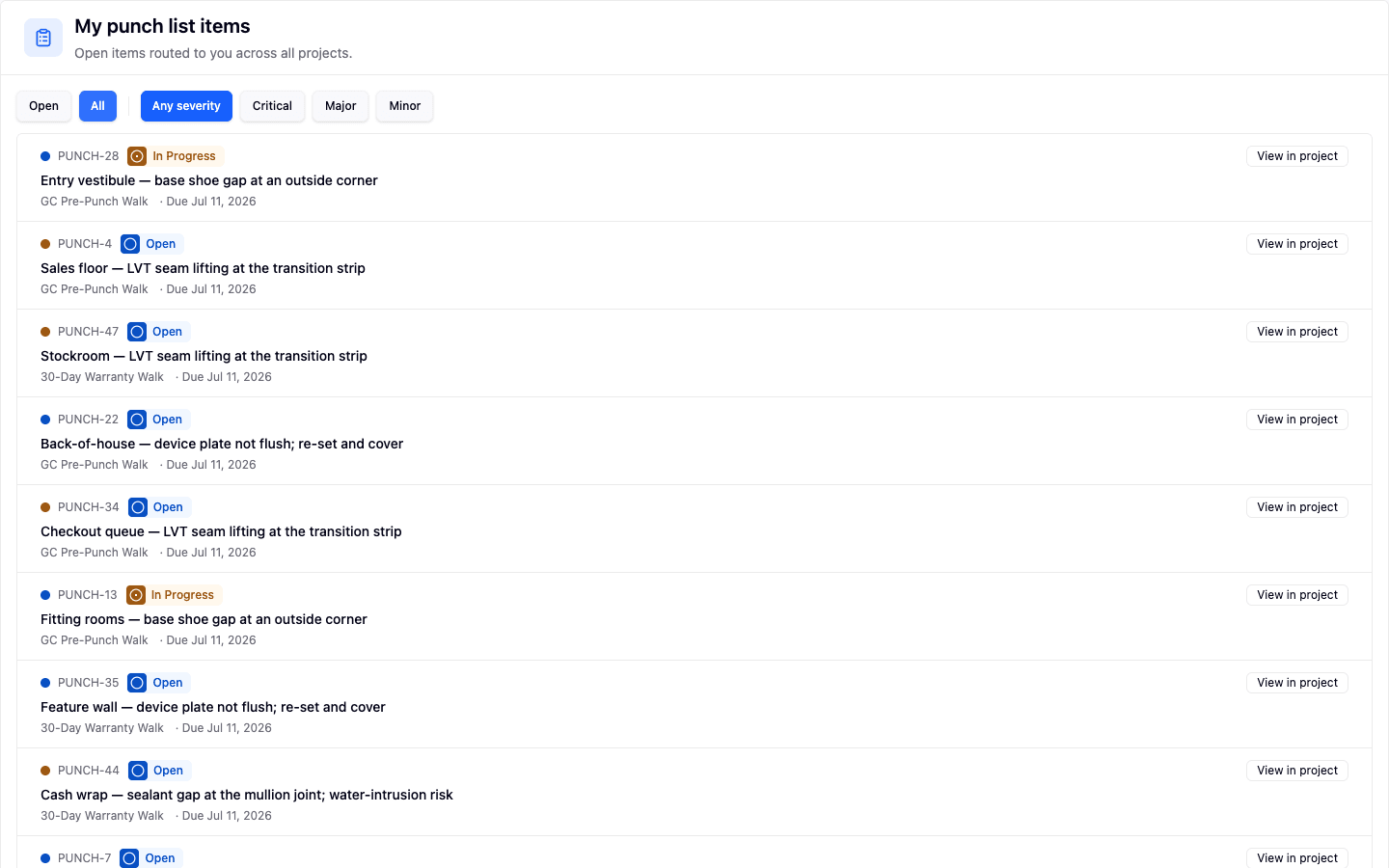 The My punch list items inbox in RolloutIQ™ listing open items across every project with severity, status, walk type, and due date, filtered by Open, All, and severity.