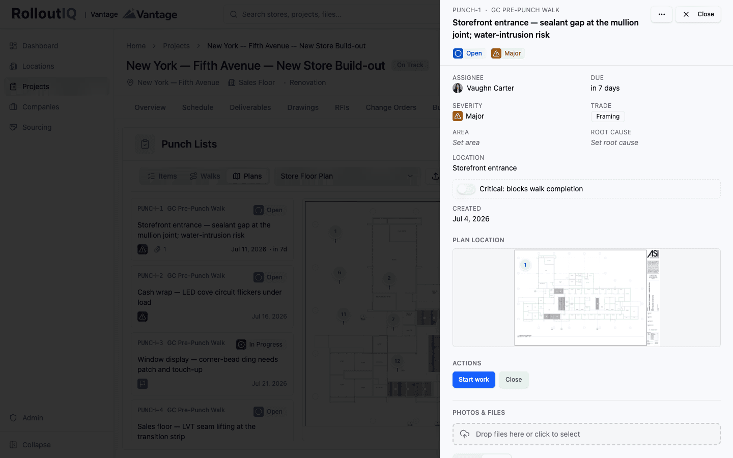 A punch item in RolloutIQ™ showing severity, trade, plan location, assignee, a critical-blocks-walk-completion toggle, and start-work and close actions.