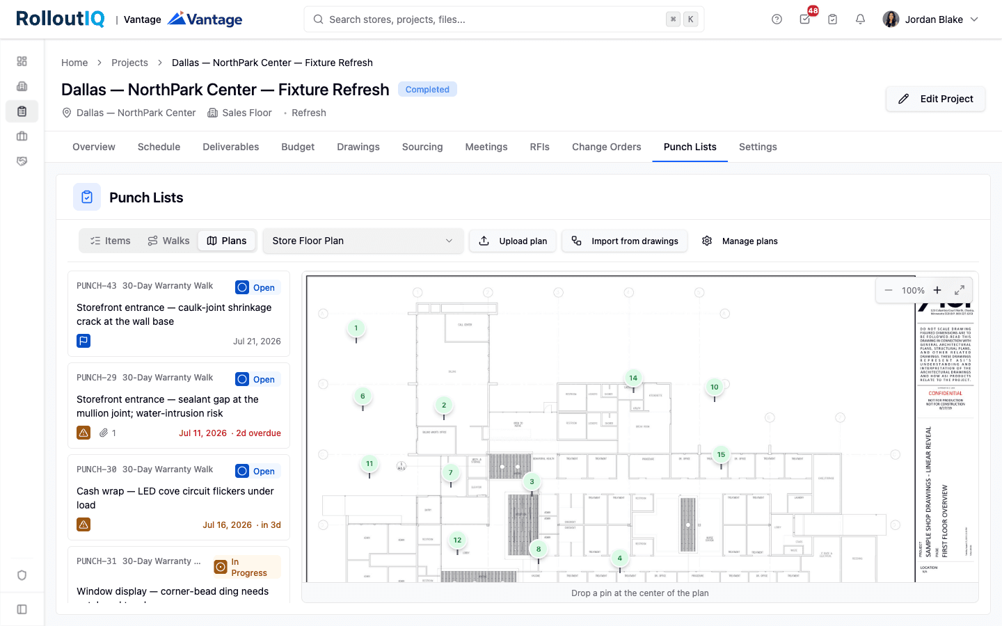 RolloutIQ punch list floor-plan walk with numbered punch-item pins placed on a store floor plan and the item list alongside