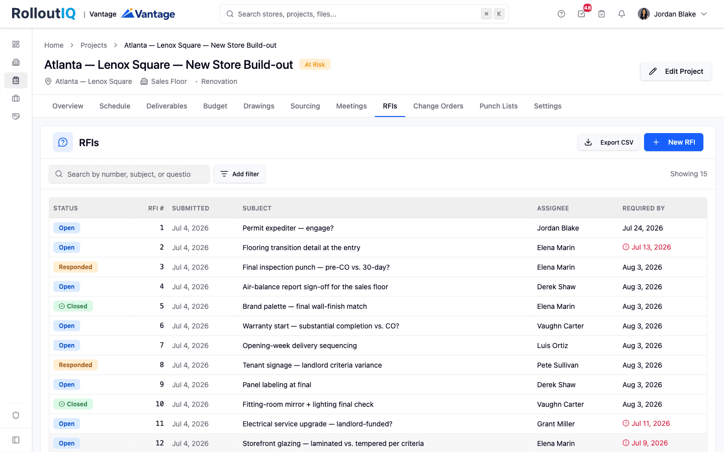 RolloutIQ RFI log showing status, subjects, assignees, and required-by dates across a project