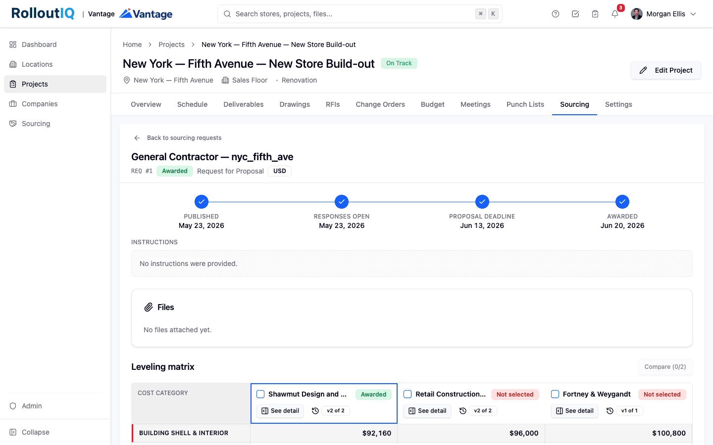 An awarded sourcing request in RolloutIQ with its award timeline, one vendor marked Awarded and the others Not selected.