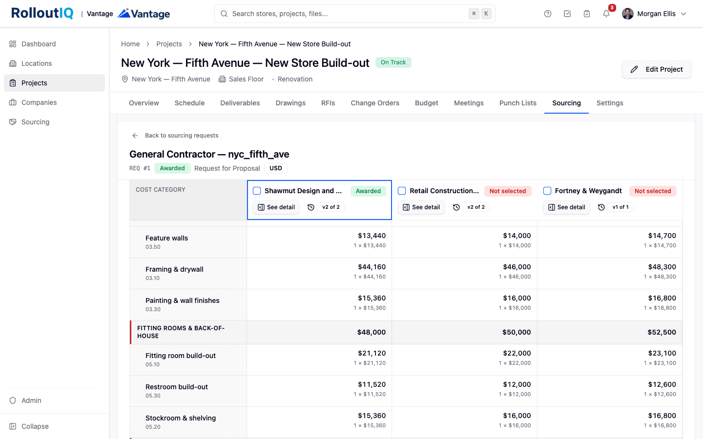 A sourcing leveling matrix in RolloutIQ showing three vendors as columns, each priced line by line against the same cost categories.