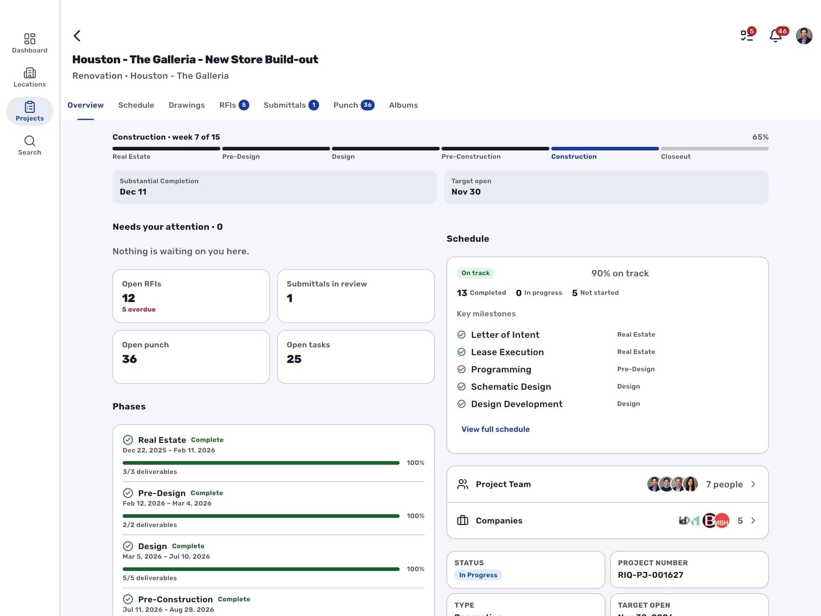 RolloutIQ on iPad in landscape: a store build-out's Overview with its phase progress, open RFI, submittal, punch and task counts, the schedule summary and each phase's status