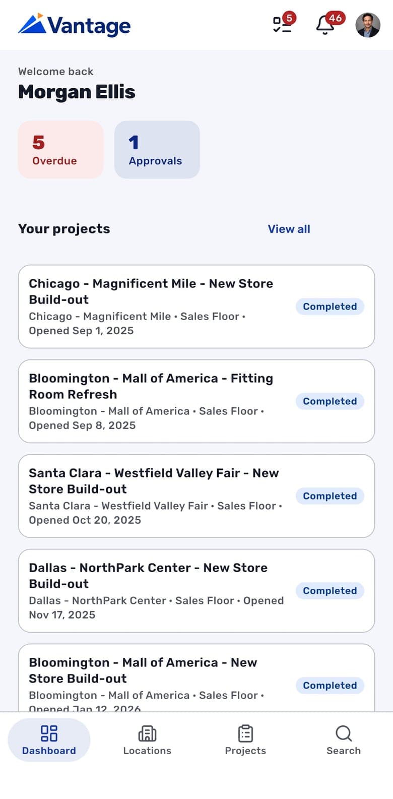 The RolloutIQ iPhone app Dashboard: overdue and approval counts, and the user's projects with their status and open dates