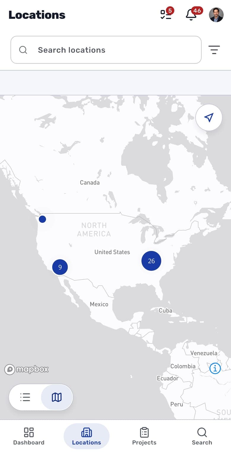 RolloutIQ on iPhone: the store portfolio on a map, with a pin for each location