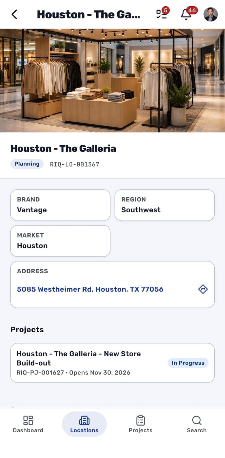 A location page in the RolloutIQ iPhone app: store photo, status, brand, region, market, address with directions, and the store's project