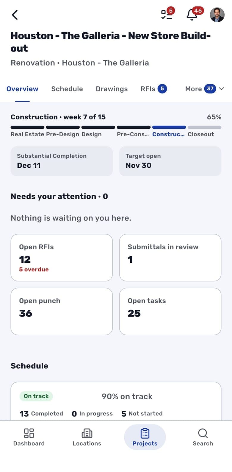 A project Overview in the RolloutIQ iPhone app: construction week 5 of 15, target open date, and counts of open RFIs, submittals, punch items and tasks