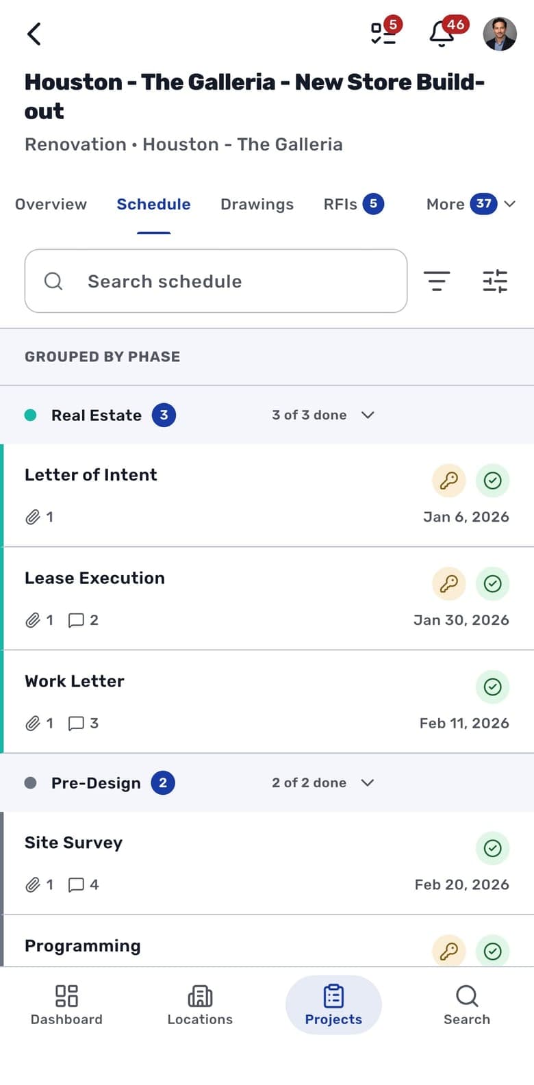 The project schedule in the RolloutIQ iPhone app, grouped by phase with done counts, key milestones and each item's files, comments and end date